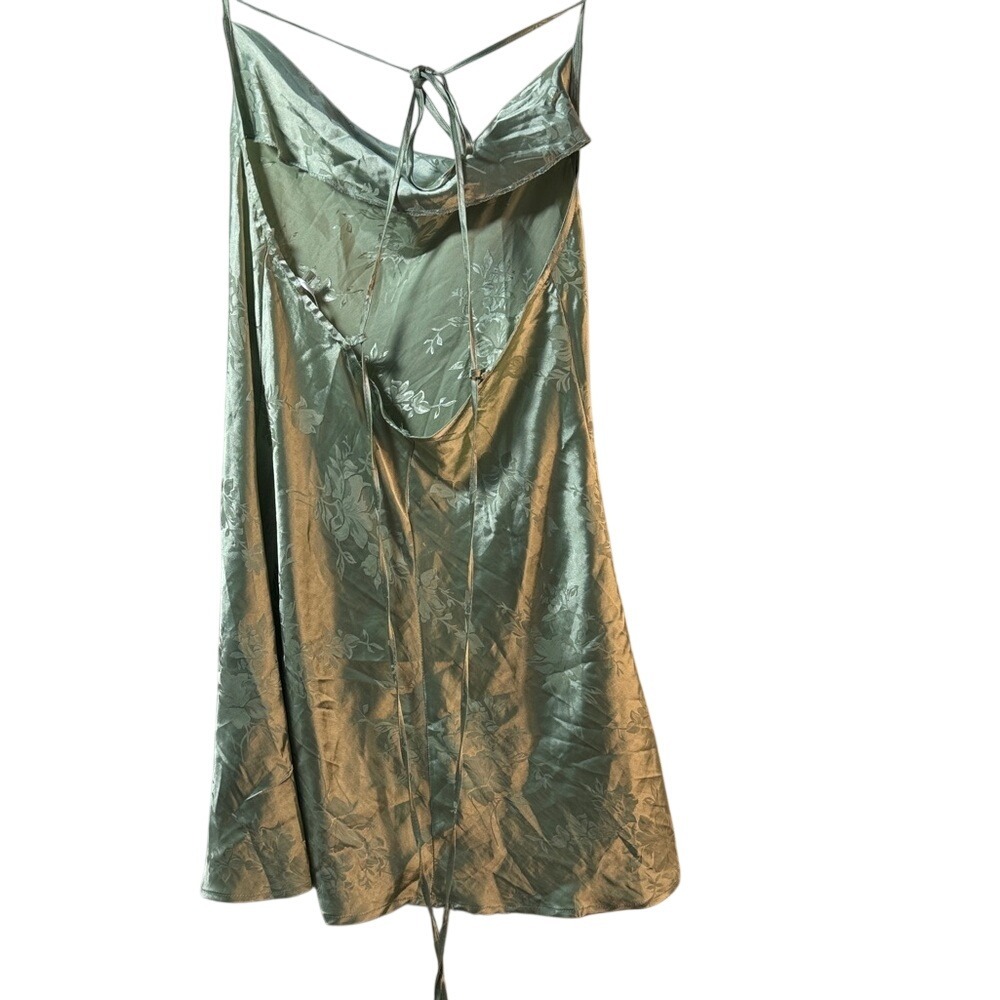 Shein Sage Green Floral Satin Jacquard Cowl Neck Open Back‎ Mini Dress Size M - Picture 2 of 3